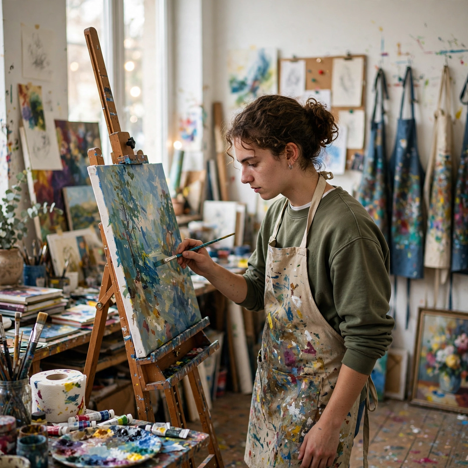 Student painting in a bright art studio