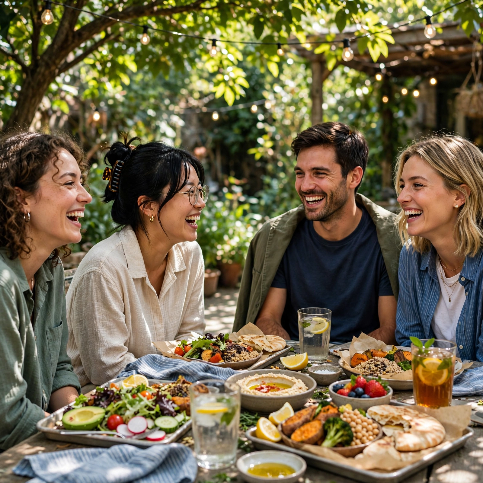 Friends laughing together at an outdoor lunch table