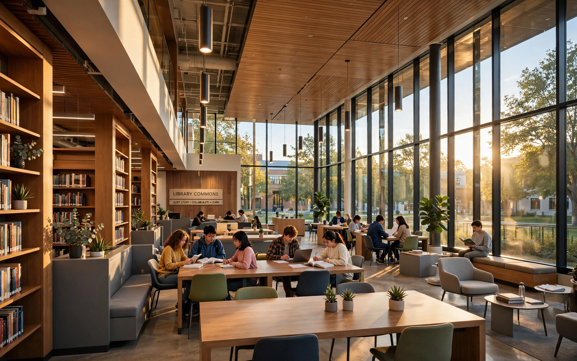 Sunlit modern library with students reading together