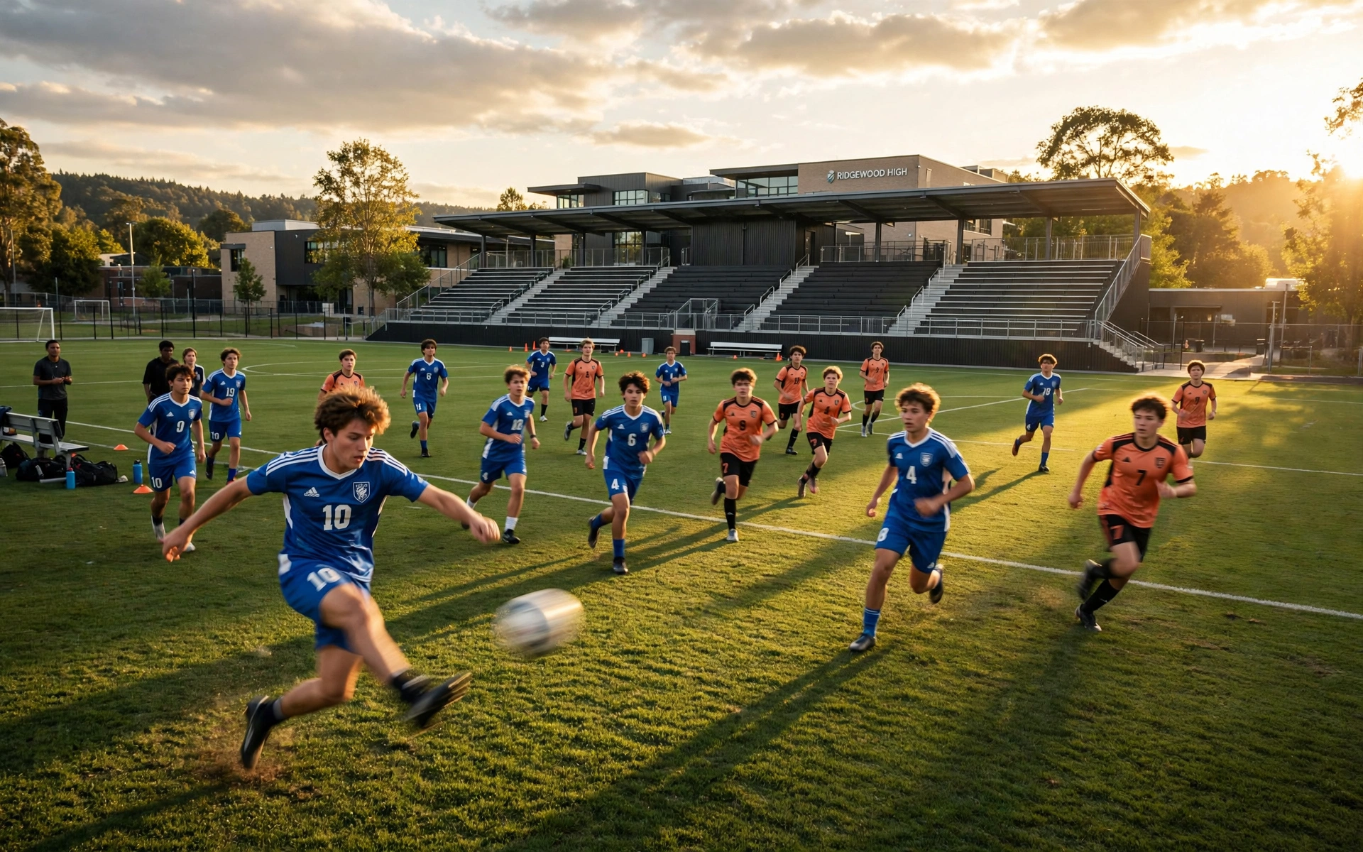 Wide-angle view of students playing soccer on a green field