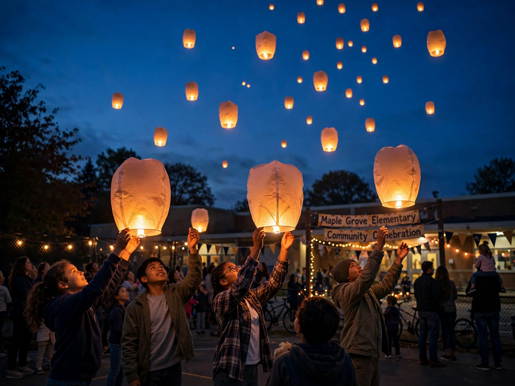 Students releasing glowing paper lanterns during an evening celebration