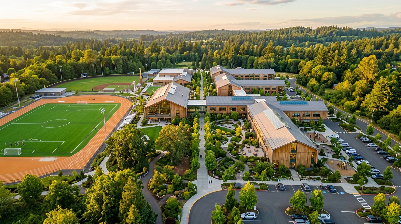 Aerial view of the Northfield Academy campus and surrounding neighborhood