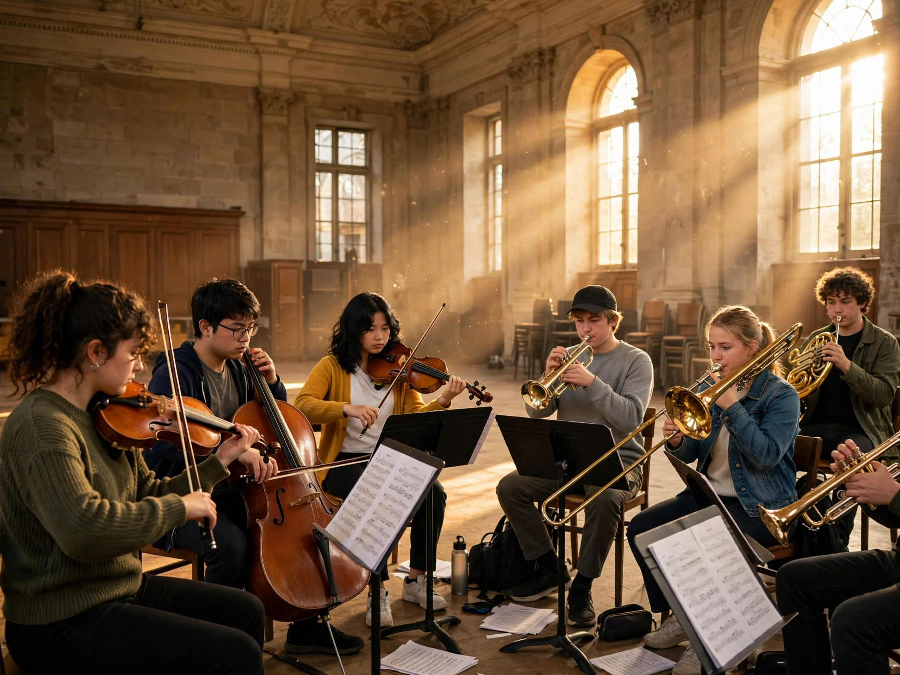 Students rehearsing in a bright music hall