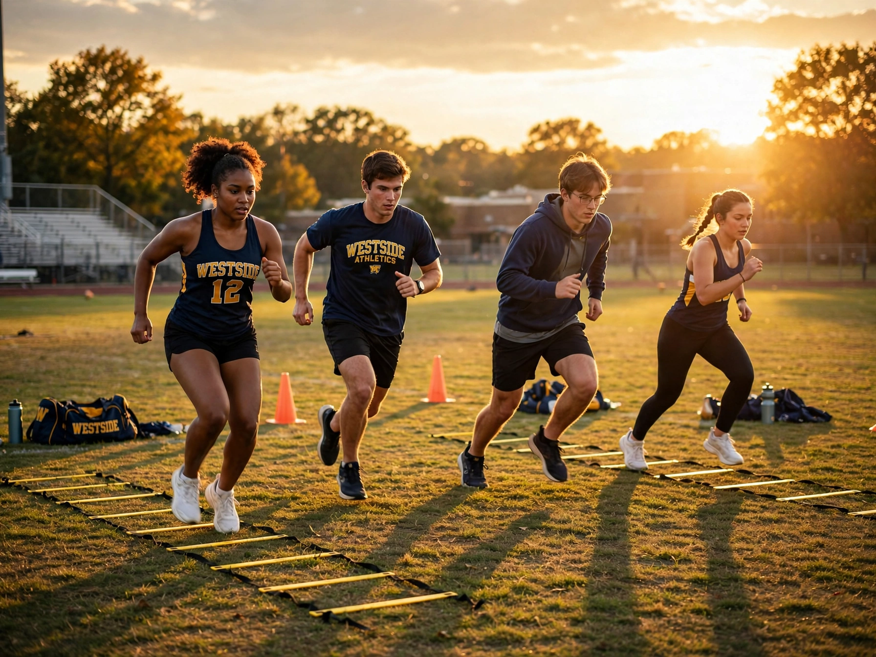 Student athletes training on an outdoor field at sunset