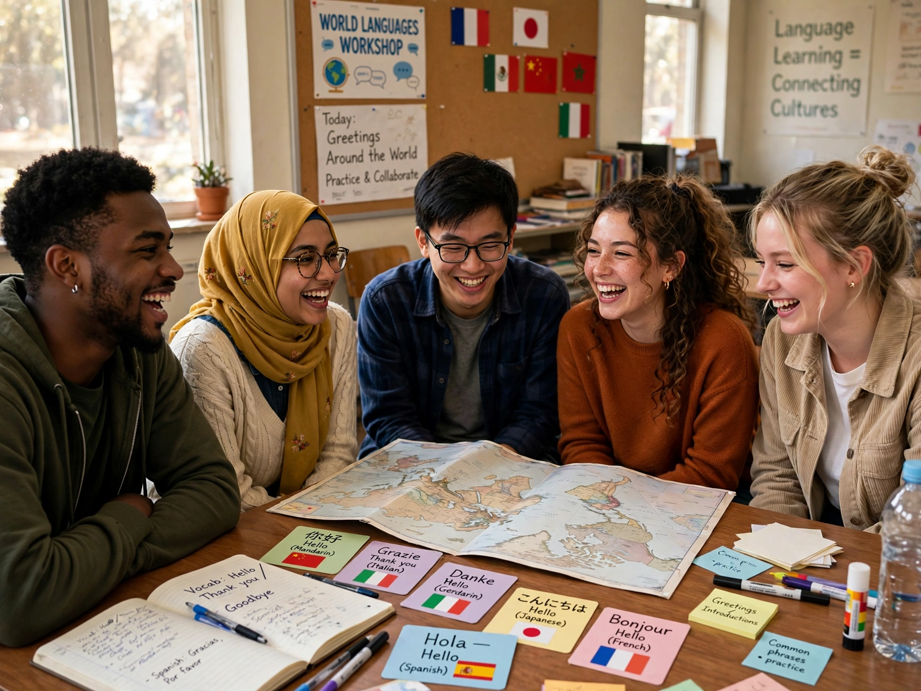 Students collaborating during a language workshop