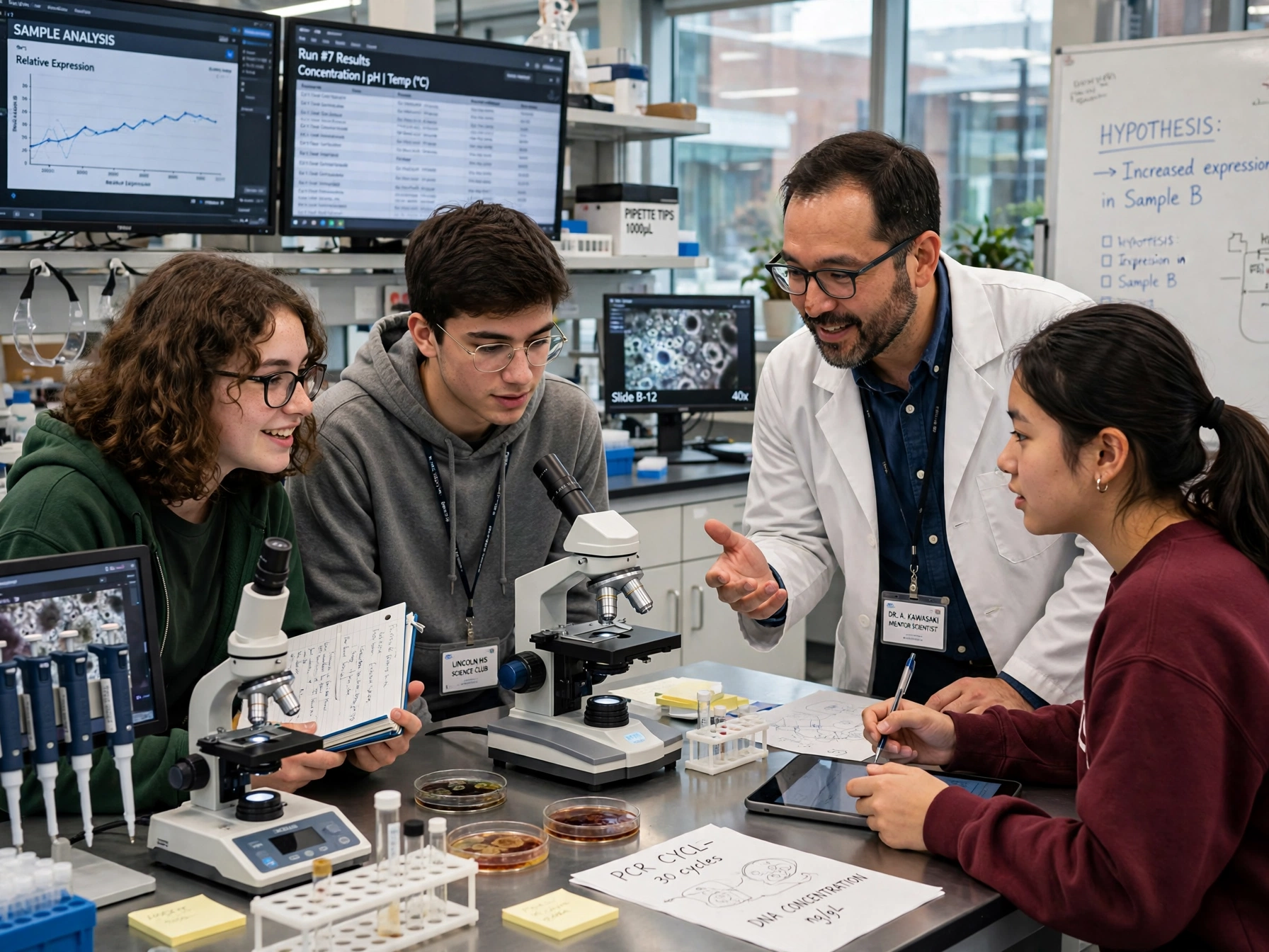 High school students working in a research laboratory with a mentor