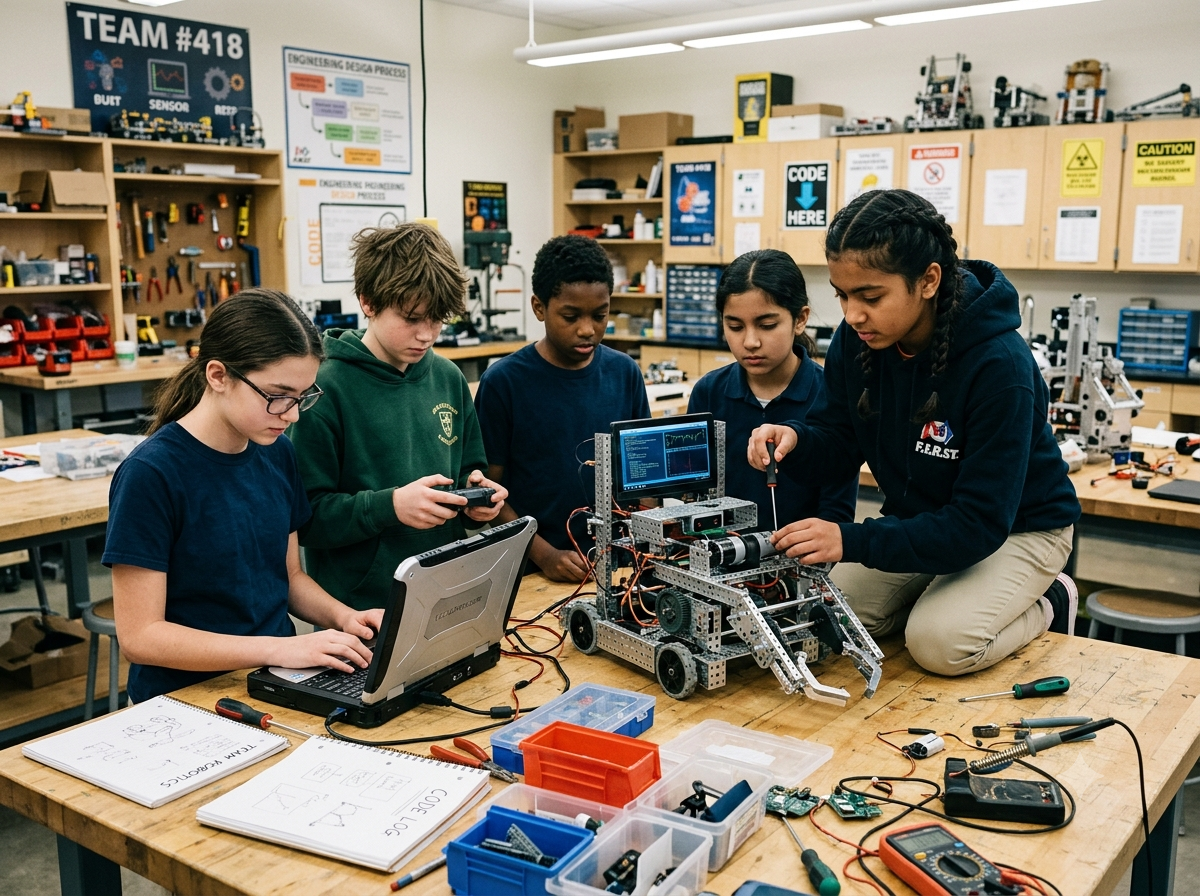 Middle school students testing a competition robot
