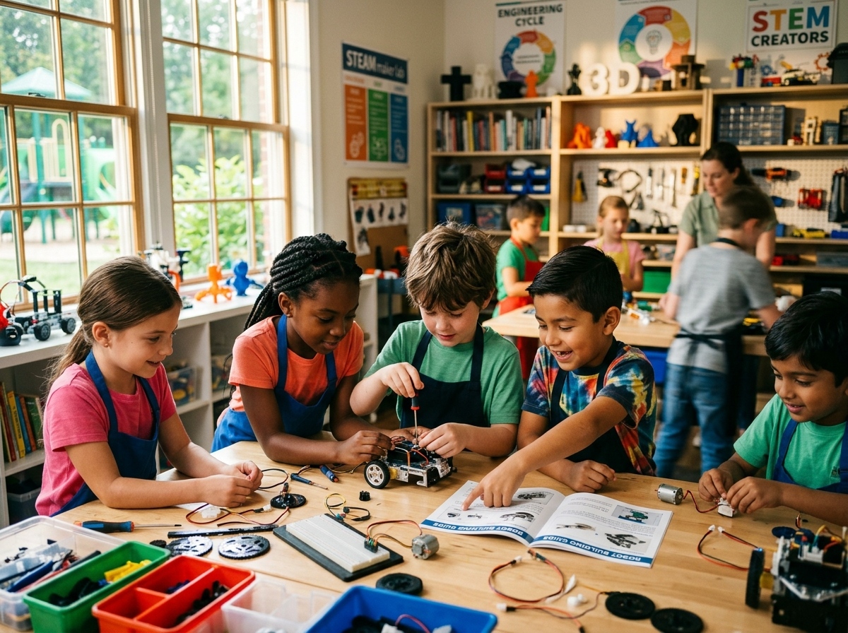 Elementary students building a robot in the STEAM lab