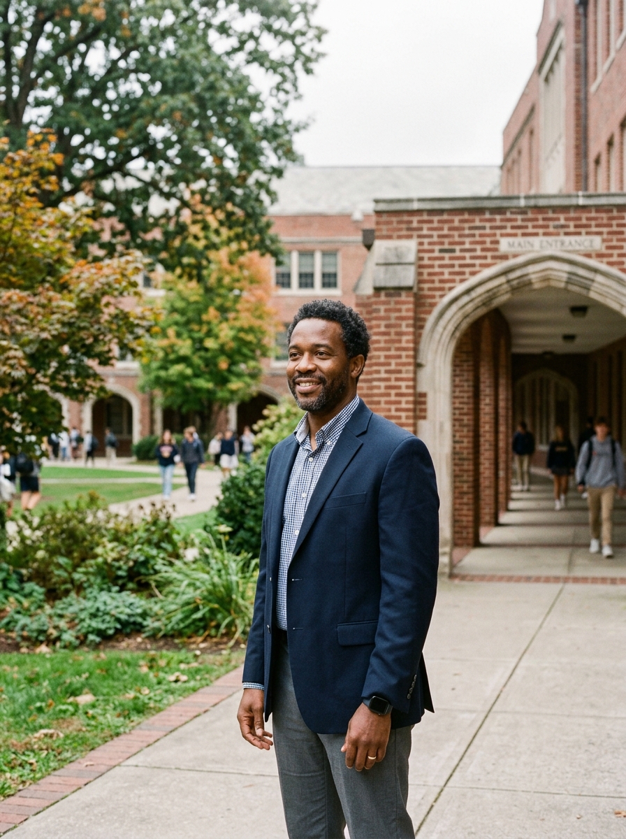 Portrait of Upper School Dean Marcus Webb smiling outdoors