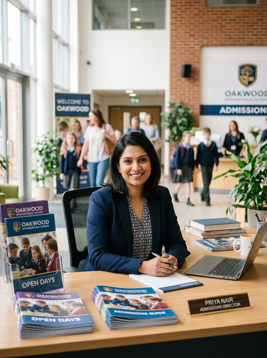 Portrait of Admissions Director Priya Nair at the welcome desk
