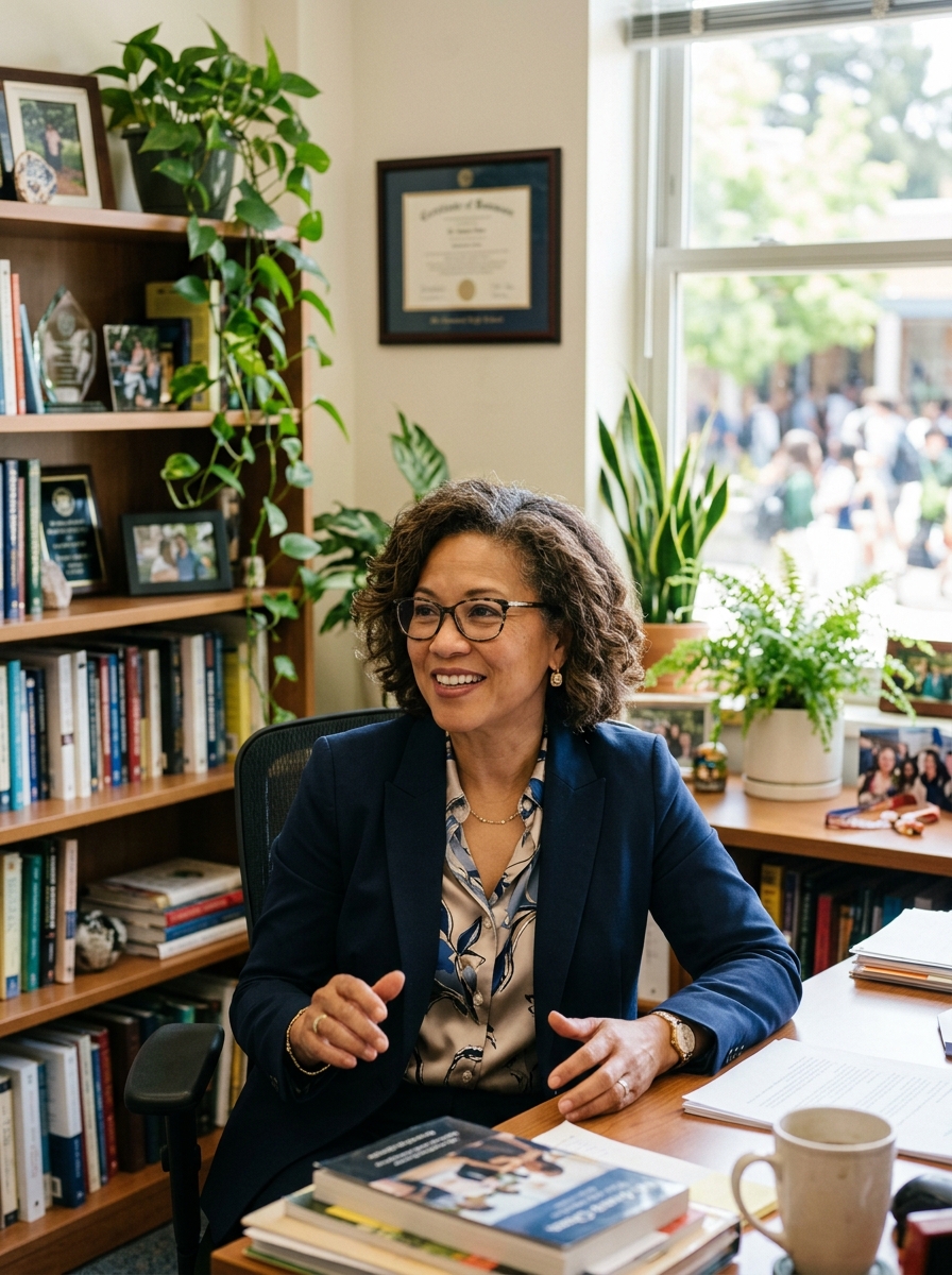 Portrait of Head of School Dr. Amara Chen in a sunlit office